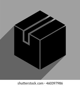Package long shadow vector icon. Style is a flat package black iconic symbol on a gray square background with longshadow.