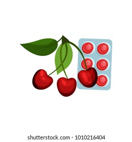 Package of lozenges with cherry flavor taste, sucking candies for sore throat and cough remedy cartoon vector Illustration