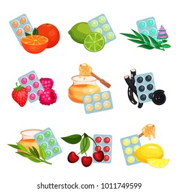 Package of lozenges set, flavored different tastes of sucking candies for sore throat and cough remedy cartoon vector Illustrations