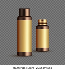 Package for luxury cosmetic product. Empty blank template of bottles for perfume, lotion, shampoo. Containers with gold cap. Realistic vector illustration.
