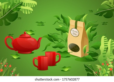 Empaquetar té verde de lujo, cacerola roja, dibujos animados ilustrativos vectoriales. Sitio web de banner de contacto comercial, ceremonia de infusión de la página de aterrizaje. Concepto de publicidad de bebida para infusión india.