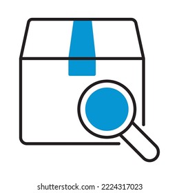 package and magnifying glass on white background