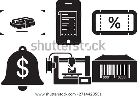 Package with measuring tape mobile receipt digital coupon with percentage sign dollar bell notification 3D printer barcode for product identification