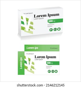 A Package Of Medicine For Any Disease, Suitable For Brand Name Starting From V,  On An Isolated Background , Green Color Pharma Packaging, Medicine Box, Pill Box, Horizontal Medicine Packaging Design 