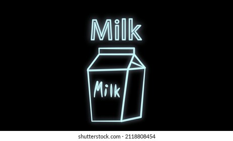 package with milk on a black background, vector illustration, neon. paper bag filled with milk. healthy drink. neon illustration, vintage, retro style. trendy neon blue