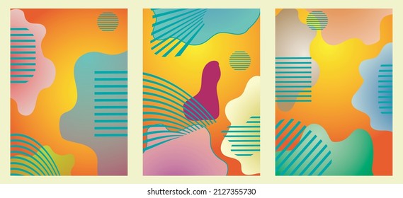 A package of modern summer posters with a bright gradient background, shapes and geometric elements. Trendy abstract design is ideal for prints, social networks, banners, invitations, brand design.