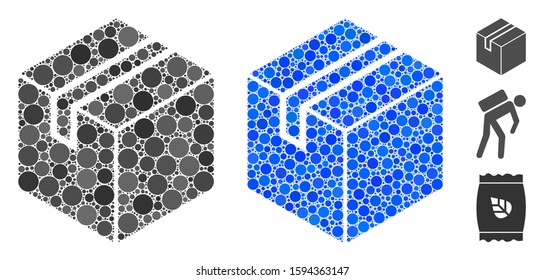 Package mosaic of circle elements in variable sizes and color tinges, based on package icon. Vector circle elements are grouped into blue illustration. Dotted package icon in usual and blue versions.