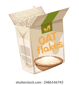 Package with oat flakes, cartoon open supermarket packaging. Healthy long cooked cereals falling into paper box, oat food ingredient for breakfast milk porridge cooking cartoon vector illustration