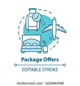 Package offers concept icon. Cost effective, all inclusive tour idea thin line illustration. Transportation and accommodation included. Vector isolated outline RGB color drawing. Editable stroke