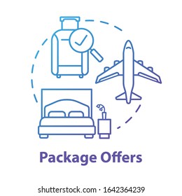 Package offers concept icon. Cost effective tourism, all inclusive tour idea thin line illustration. Transportation and accommodation included. Vector isolated outline RGB color drawing