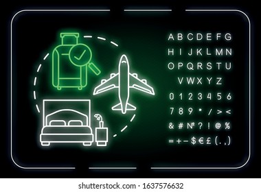 Package offers neon light concept icon. Cost effective tourism, all inclusive tour idea. Outer glowing sign with alphabet, numbers and symbols. Vector isolated RGB color illustration