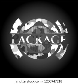 Package on grey camouflage texture