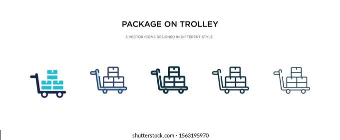 package on trolley icon in different style vector illustration. two colored and black package on trolley vector icons designed in filled, outline, line and stroke style can be used for web, mobile,