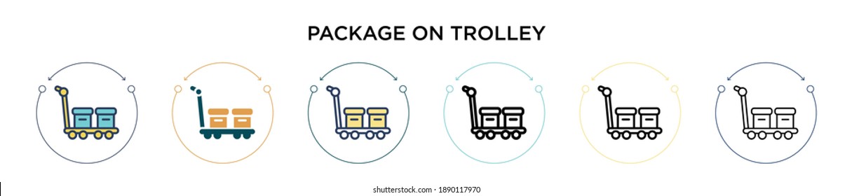 Package on trolley icon in filled, thin line, outline and stroke style. Vector illustration of two colored and black package on trolley vector icons designs can be used for mobile, ui, web