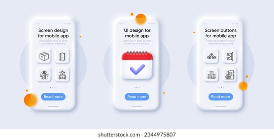 Package, Open door and Lighthouse line icons pack. 3d phone mockups with calendar. Glass smartphone screen. Parcel shipping, Exit, University campus web icon. Vector