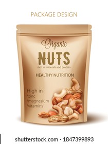 Package with organic nuts. Rich in minerals and protein. Healthy nutrition, high in zinc, magnesium and vitamins. Realistic 3D mockup product placement. Vector