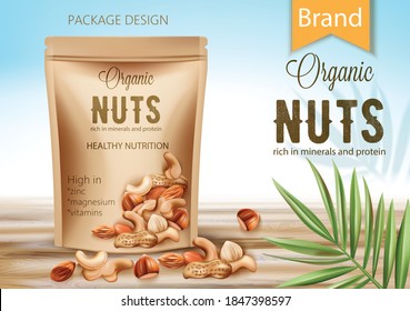 Package organic nuts surrounded by palm leaf and nuts. Rich in minerals and protein. Healthy nutrition, high in zinc, magnesium and vitamins. Realistic 3D mockup product placement. Vector