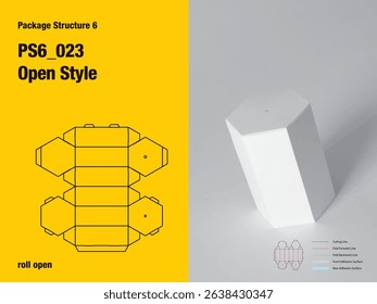 package, packaging, hexagon, roll open style, non adhesive, tuck lock side panel, rope handle, cut, paper, design, vector, carton, structure, box, template