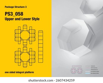 package, packaging, octagon, upper and lower pairs style, five sided adhesive, gusset flap, double wall, one sided integral platform, cut, paper, design, vector, carton, structure, box, template