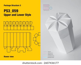 package, packaging, octagon, upper and lower pairs style, many sides adhesive, semi automatic lock bottom, gusset flap, flower view, one sided integral platform, cut, paper, design, vector, carton, st