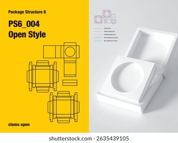 package, packaging, rectangle, clams open style, four sided adhesive, separate interior platform, easy open, tube display view, cut, paper, design, vector, carton, structure, box, template