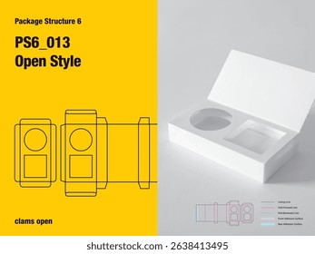 package, packaging, rectangle, clams open style, two sided adhesive, double cover, straight tuck, separate interior platform, two spaces, cut, paper, design, vector, carton, structure, box, template