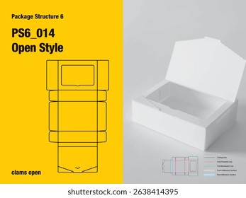 package, packaging, rectangle, clams open style, five sided adhesive, window frame, hook lock flap, tear off line, seal end carton, cut, paper, design, vector, carton, structure, box, template