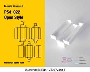 package, packaging, rectangle, clamshell doors open style, many sides adhesive, gusset flap, double wall, frame view, cut, paper, design, vector, carton, structure, box, template