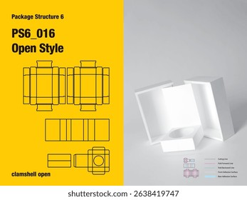 package, packaging, rectangle, clamshell doors open style, six sided adhesive, integral platform, point of purchase display cover, frame view, double wall, cut, paper, design, vector, carton, structur