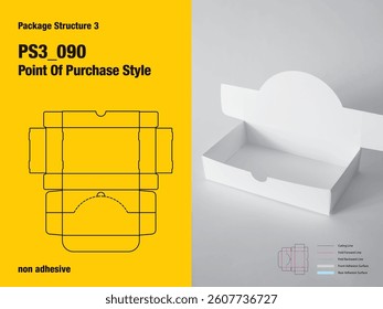 package, packaging, rectangle, point of purchase display style, non adhesive, friction lock tuck flap, side and end panel lock,  double wall, tear off line, cut, paper, design, vector, carton, structu