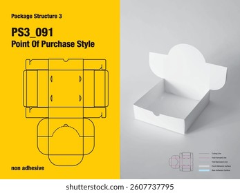 package, packaging, rectangle, point of purchase display style, non adhesive, friction lock tuck flap, hook join lock, tear off line, double wall, cut, paper, design, vector, carton, structure, box, t