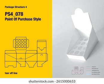 package, packaging, rectangle, point of purchase display style, one sided adhesive, separate interior platform, tear off line, semi automatic lock bottom, cut, paper, design, vector, carton, structure