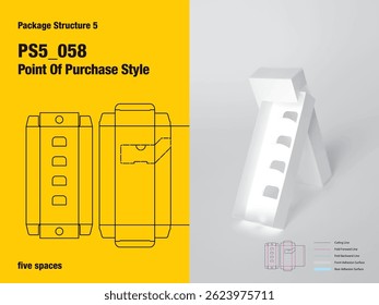package, packaging, rectangle, point of purchase display style, five sided adhesive, pile lock tuck flap, straight tuck, tear off line, integral partition, five spaces, cut, paper, design, vector