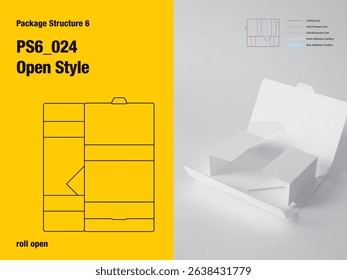 package, packaging, rectangle, roll open style, non adhesive, tuck lock tuck flap, side pane frame view, cut, paper, design, vector, carton, structure, box, template