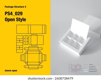 package, packaging, rectangle, sleeve open style, four sided adhesive, frame view, separate interior partition, six spaces, cut, paper, design, vector, carton, structure, box, template