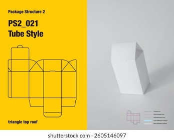 package, packaging, rectangle, tube style, one sided adhesive, pile lock tuck flap, triangle top roof, hook lock, cut, paper, design, vector, carton, structure, box, template