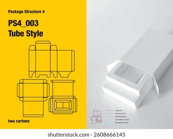 package, packaging, rectangle, tube style, three sided adhesive, semi automatic lock bottom, separate interior platform, straight tuck, two cartons, cut, paper, design, vector, carton, structure, box,