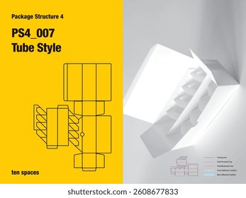 package, packaging, rectangle, tube style, five sided adhesive, friction lock tuck flap, integral platform, collapsible keep, ten spaces, cut, paper, design, vector, carton, structure, box, template