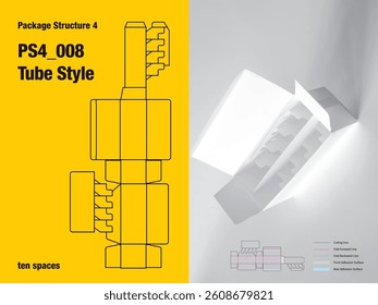 package, packaging, rectangle, tube style, four sided adhesive, pile lock tuck flap, integral platform, collapsible keep, ten spaces, cut, paper, design, vector, carton, structure, box, template
