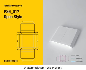 package, packaging, square, clamshell doors open style, non adhesive, tuck lock, triangle side panel view, cut, paper, design, vector, carton, structure, box, template