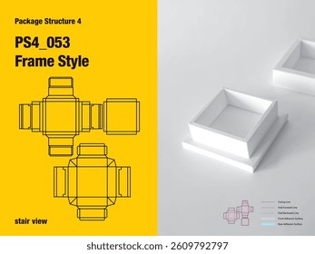 package, packaging, square, frame style, eight sided adhesive, gusset flap, upper and lower pairs, stair view, cut, paper, design, vector, carton, structure, box, template