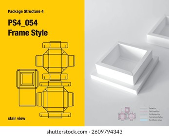 package, packaging, square, frame style, one sided adhesive, separate interior platform, gusset flap, upper and lower pairs, stair view, cut, paper, design, vector, carton, structure, box, template