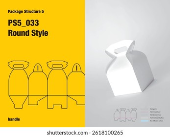 package, packaging, square, round style, one sided adhesive, tuck lock tuck flap, handle, semi automatic lock bottom, cut, paper, design, vector, carton, structure, box, template