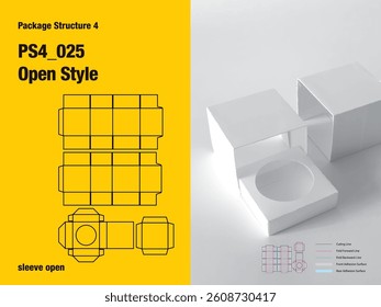 package, packaging, square, sleeve open style, many sides adhesive, double cover, separate interior platform, cut, paper, design, vector, carton, structure, box, template