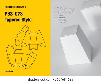 package, packaging, square, tapered style, two box, one sided adhesive, pile lock tuck flap, semi automatic lock bottom, cut, paper, design, vector, carton, structure, box, template