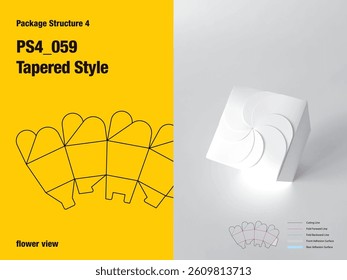 package, packaging, square, tapered style, one sided adhesive, weave lock tuck flap, semi automatic lock bottom, flower view, cut, paper, design, vector, carton, structure, box, template