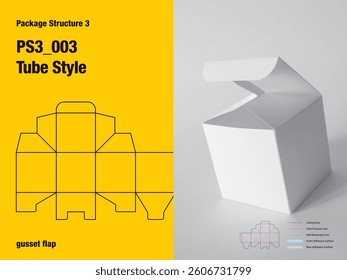package, packaging, square, tube style, one sided adhesive, friction lock tuck flap, gusset flap, semi automatic lock bottom, cut, paper, design, vector, carton, structure, box, template