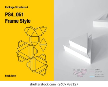 package, packaging, triangle, frame style, six sided adhesive, hook lock flap, upper and lower pairs, stair view, cut, paper, design, vector, carton, structure, box, template