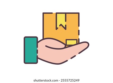 Package packet parcel icon illustration. Flat line color icon of a hand holding a package, symbolizing secure delivery and the e-commerce industry. Colored outline icon.