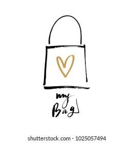 Package, packing, bag. Drawing by hand, inscription. Shop love, shopping art, sign, icon. Decor elements, postcard, sticker, card for social networks, poster for printing. Vector, clip art. Isolated. 